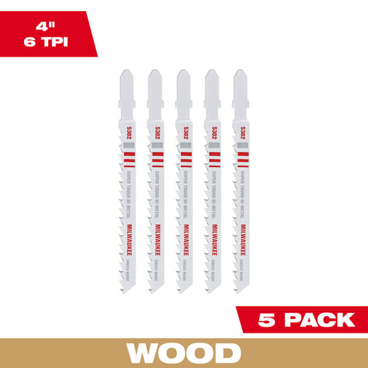 4" 6tpi T-shank Wood Bi-metal Jig Saw Blades 5pk