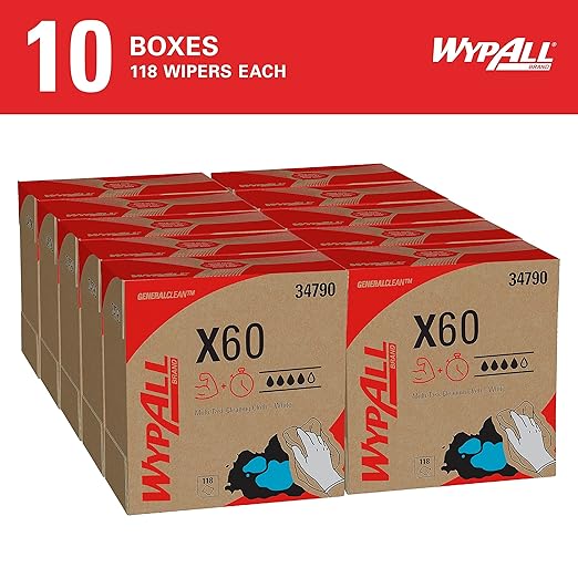 WypAll® GeneralClean™ X60 Multi-Task Cleaning Cloths (34790), Pop-Up Box, Strong and Absorbent Towels, White (118 Sheets/Box, 10 Boxes/Case, 1,180 Sheets/Case)