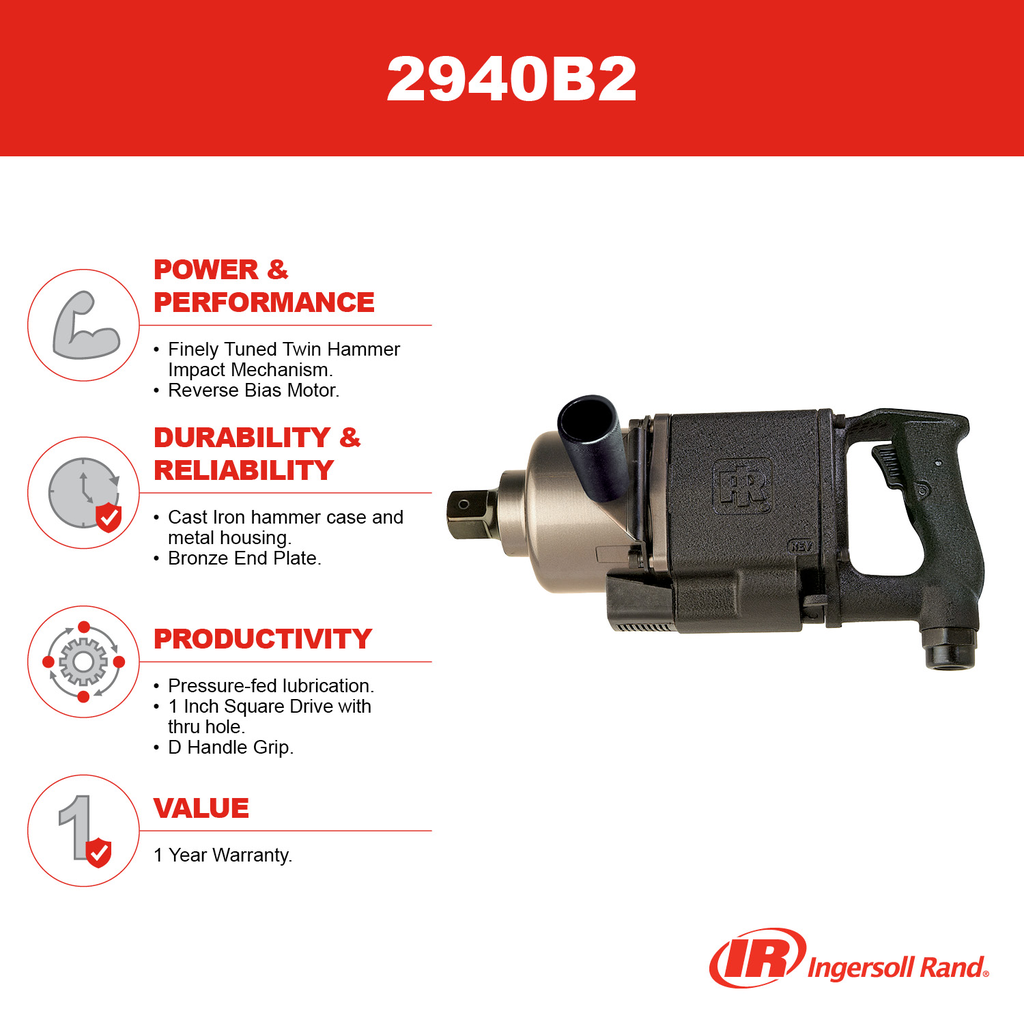 1" Air Impact Wrench 1600 Ft-Lb Torque 850 BPM D-Handle Inside Trigger