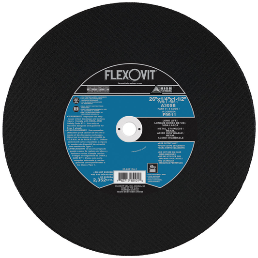 Flexovit® 26" X 1/4" X 1 1/2" HIGH PERFORMANCE™ 30 Grit Aluminum Oxide Grain reinforced Type 1 Cut-Off Wheel