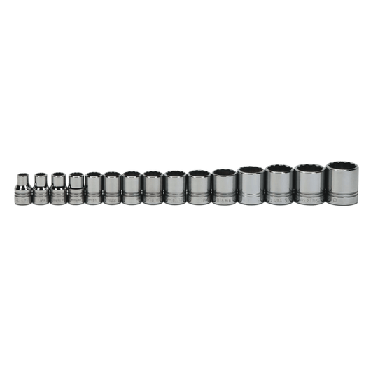 Jeu de 15 douilles peu profondes SAE à 12 pans, entraînement 1/2 pouce, sur rail avec clips