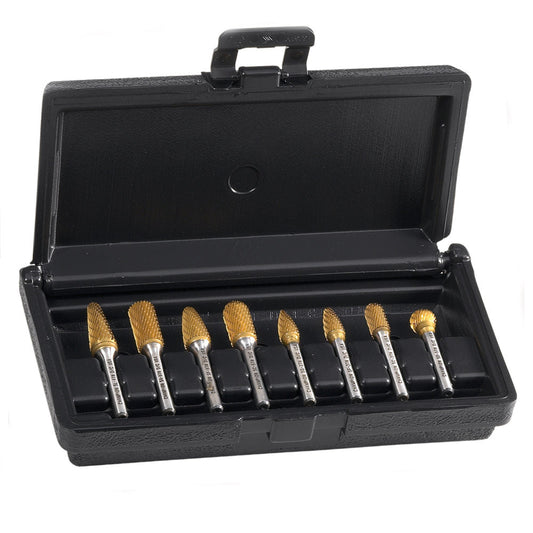 8 Piece Tin-Coated Bur Kit - Plastic Case for Long-Lasting Durability