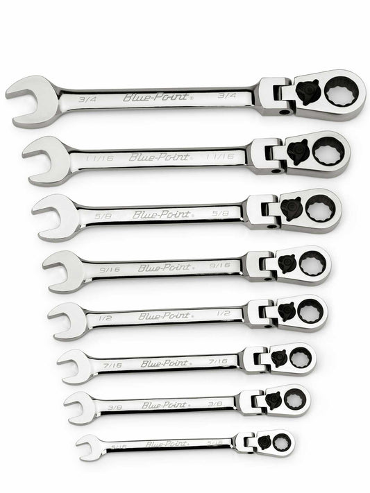 Jeu de 8 Clés Mixtes à Cliquet et Tête Flexible SAE 12 Pans avec Offset de 15° (5/16–3/4")