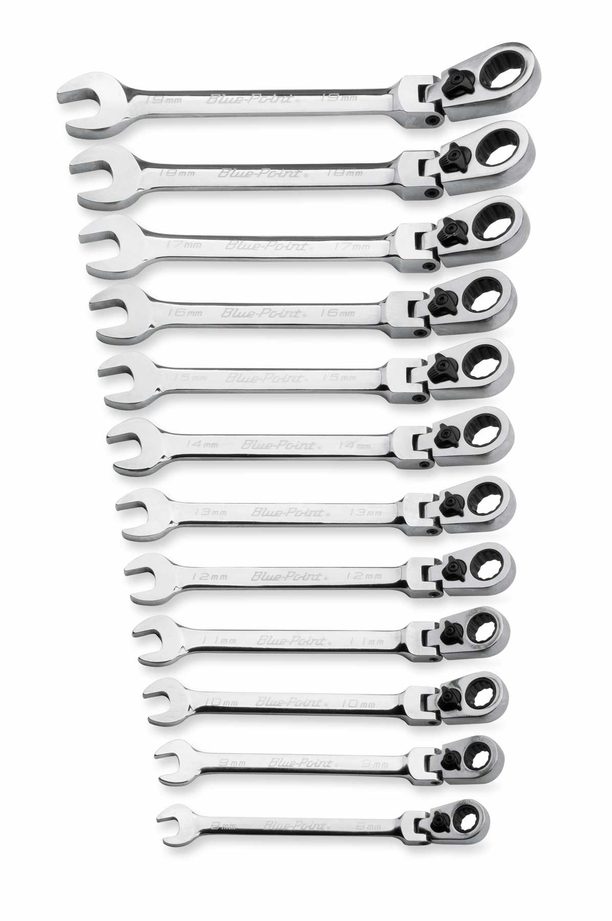 Jeu de 12 Clés Mixtes à Cliquet et Tête Flexible avec Offset de 15° - 12 Pans Métrique (8–19 mm)