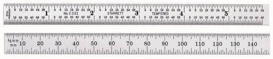 Règle en acier entièrement flexible de 150 mm - 5-3/4" Graduations en mm et en pouces 32e et 64e d'un côté Bords inversés en mm et 1/2 mm gradués à partir de la même extrémité