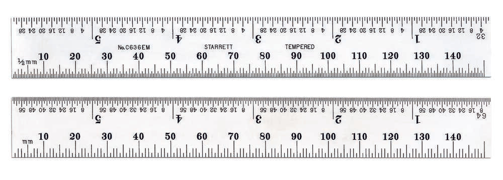 Règle en acier trempé à ressort de 150 mm - 6" avec graduations en millimètres et en pouces 32e et 1/2 mm d'un côté 64e et mm au verso