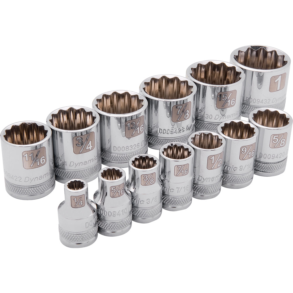 Jeu de douilles - entraînement 3/8", 13 pièces, 12 pans, SAE, standard