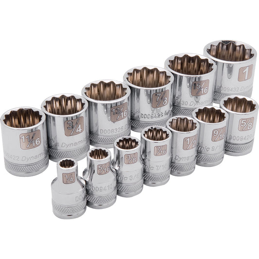 Jeu de douilles - entraînement 3/8", 13 pièces, 12 pans, SAE, standard