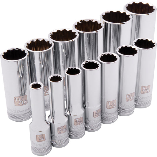 Jeu de douilles - entraînement 3/8", 13 pièces, 12 pans, SAE, profondes
