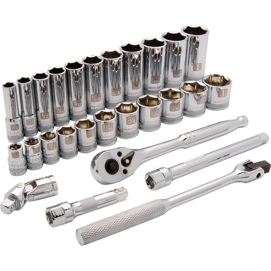 Jeu de douilles - entraînement 3/8", 27 pièces, 6 pans, SAE, standard/profonde
