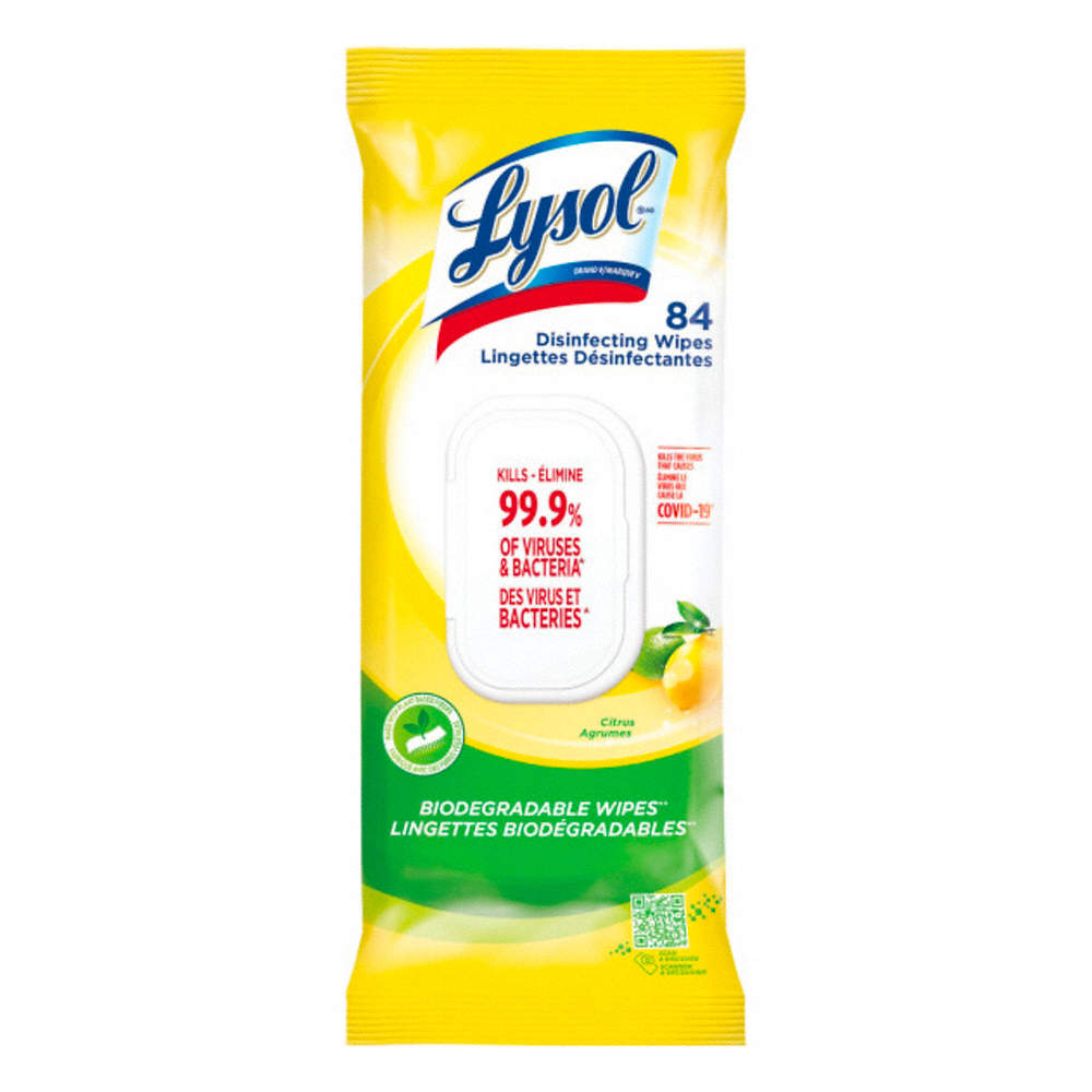 Lingettes désinfectantes lysol, biodégradables, agrumes, 84 lingettes
