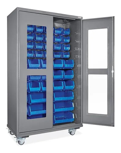 Mobile Clear-View Bin Cabinet - 48 x 24 x 84", 48 Blue Bins