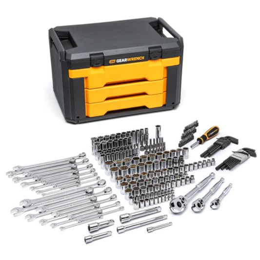 Gearwrench, jeu de 219 douilles et cliquets métriques et SAE à entraînement 1/4", 3/8" et 1/2"