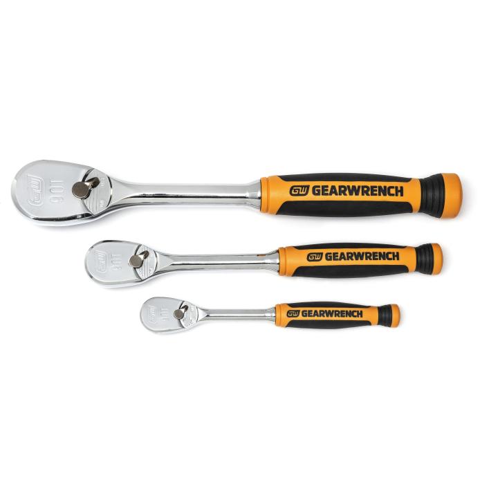 Gearwrench, 3 Pc. 1/4", 3/8" & 1/2" Drive 90-Tooth Dual Material Teardrop Ratchet Set
