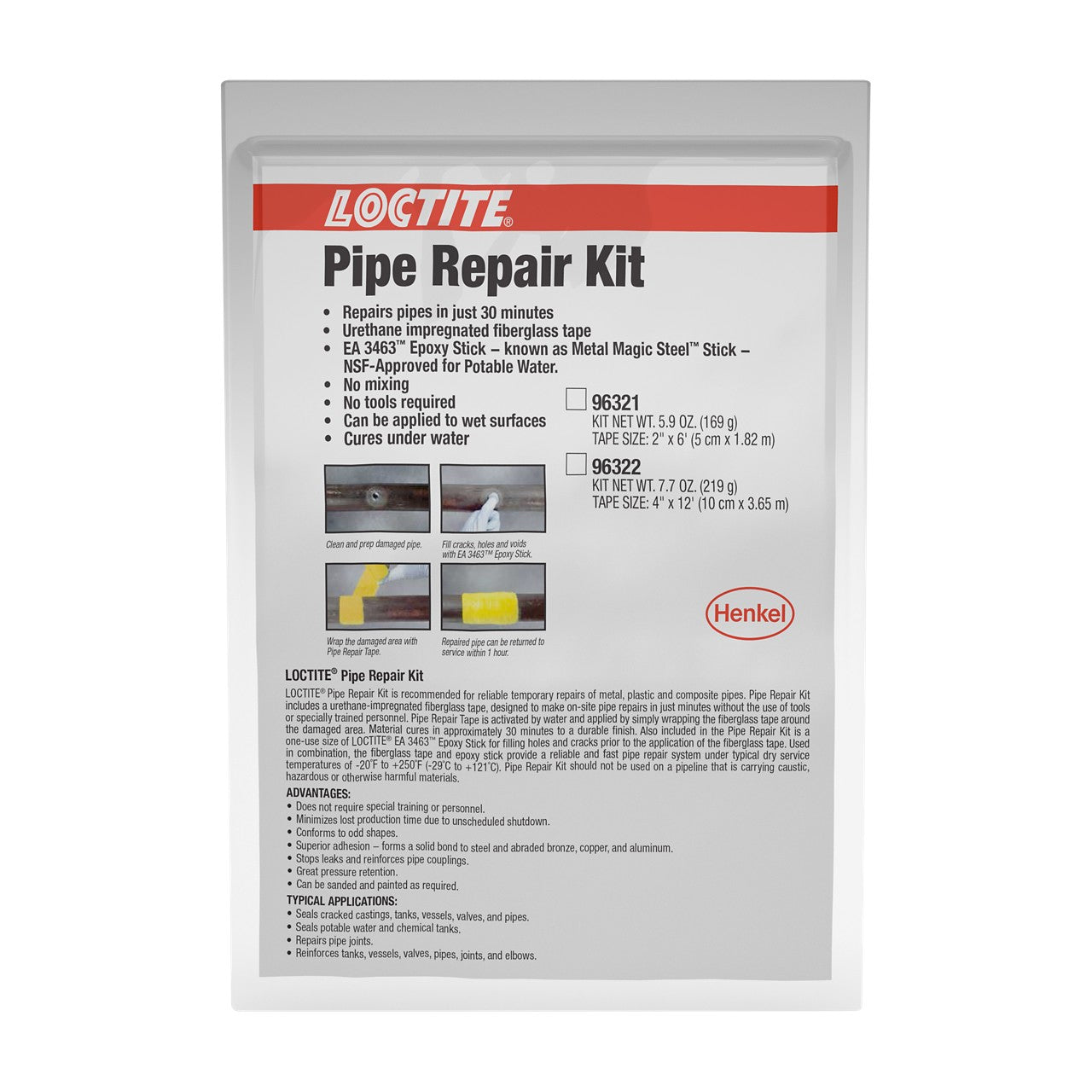Kit de réparation de tuyaux LOCTITE® PC 5070, jaune, ruban de réparation de tuyaux en fibre de verre, 2 x 6 mixtes