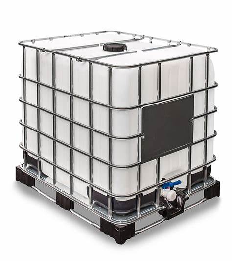 Food IBC Tote Tank, Green Lid, Plastic with Metal Cage, 275 Gal