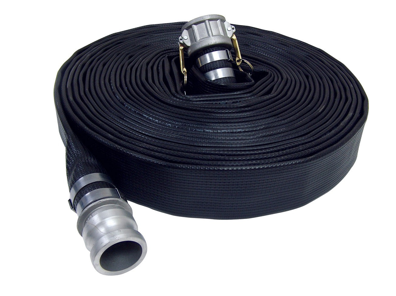 Flat Lay Discharge Hose 1-1/2" x 50", Black, Camlock C/E, Aluminum