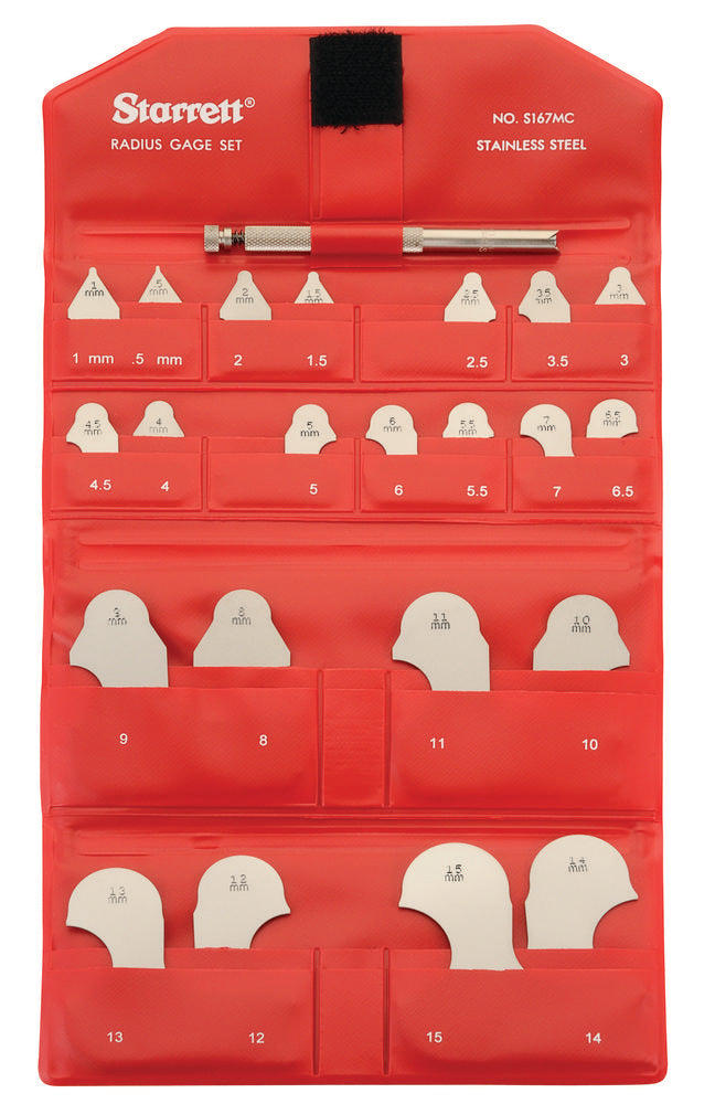 Jeu de jauges de rayon métriques, 0,5-7 mm et 8-15 mm avec support