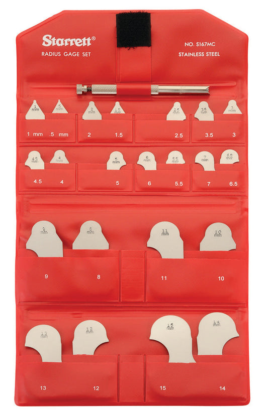 Jeu de jauges de rayon métriques, 0,5-7 mm et 8-15 mm avec support