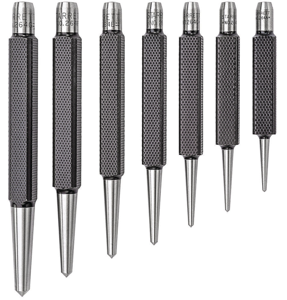 Steel Center Punch Set With Square Shank Knurled Grip 0-5" Length 1/16 5/64 3/32 1/8 5/32 3/16 1/4 Diameter Tapered Point 7 Pieces