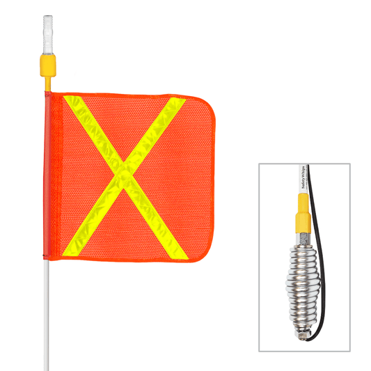 8' Super Duty Whip with Orange Flag (Yellow X), Heavy Duty Spring Base, and Constant Amber Light
