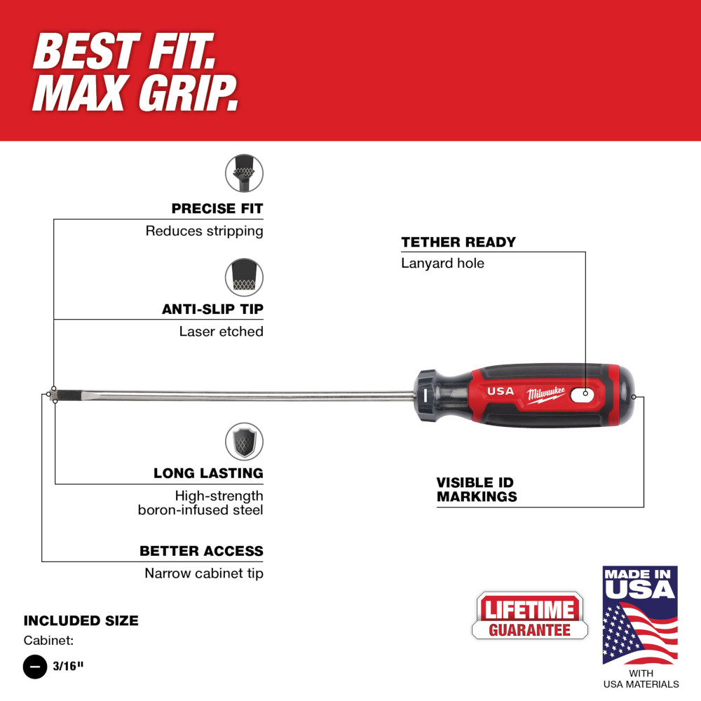 3/16" Cabinet 6" Cushion Grip Screwdriver (USA)