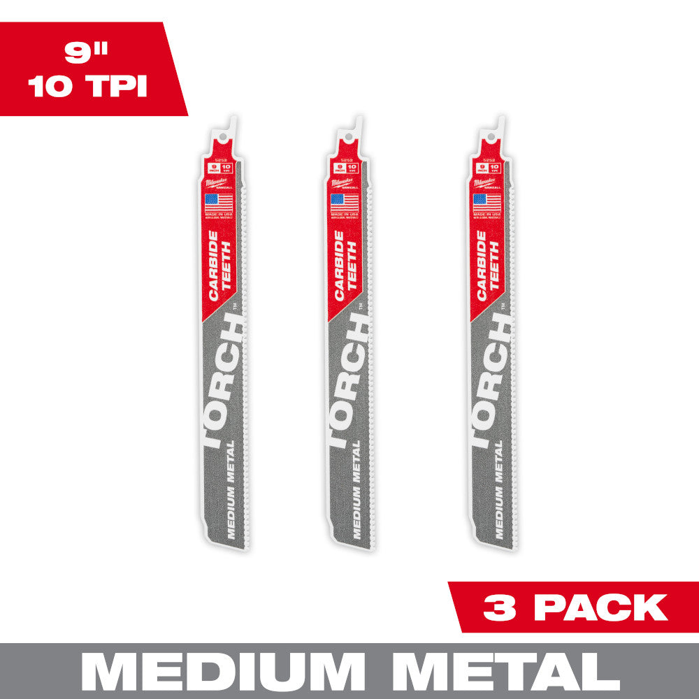The Torch™ With Carbide Teeth For Medium Metal Sawzall® Blade 9" 10tpi 3pk