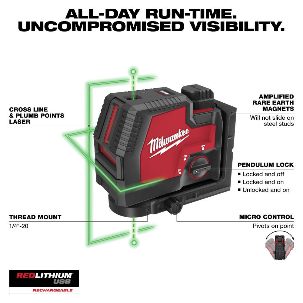 USB Rechargeable Green Cross Line & Plumb Points Laser
