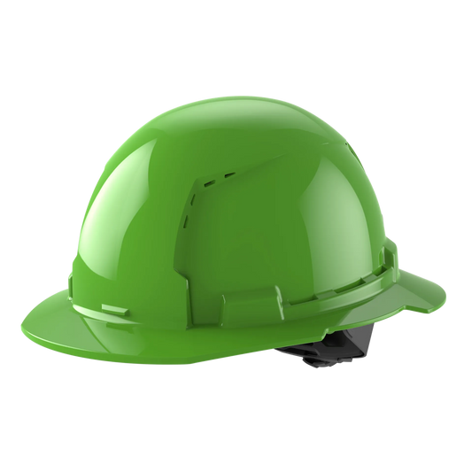 Bolt™ Full Brim Hard Hat White/4pt Ratcheting Suspension, Vented - Type 1, Class e, Green