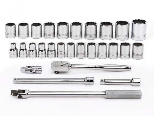 Ensemble de 29 douilles et outils d'entraînement métriques peu profondes à 12 pans, entraînement 1/2"