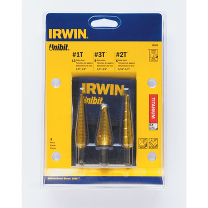 IRWIN Unibit 502T Step Drill Bit Set With Nylon Pouch, Titanium Nitride Coated, 3Pc