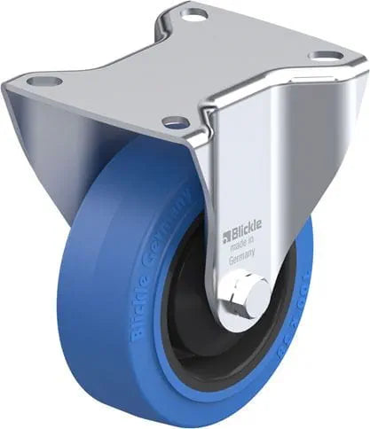 Fixed Caster, Steel Plate, Nylon Core, EasyRoll Rubber, Blue, Non-Marking, w/ Guard