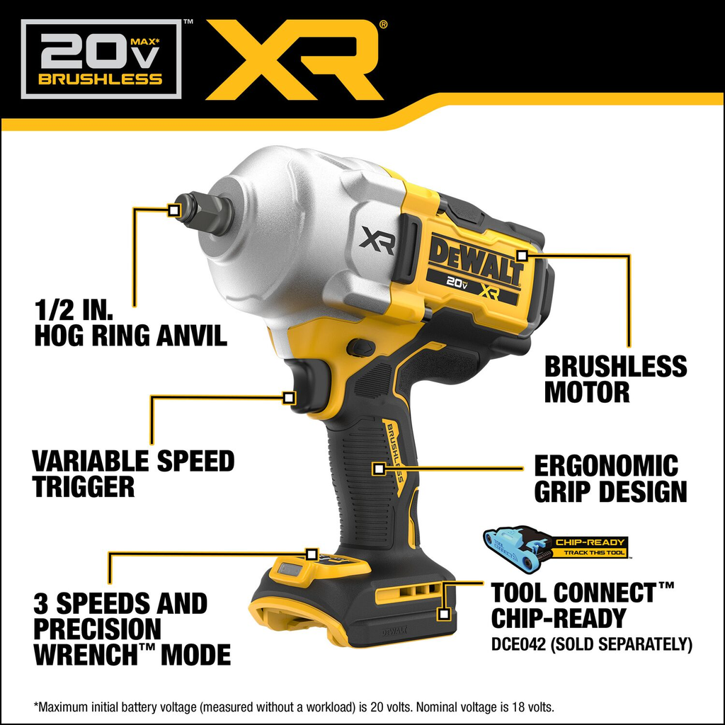 DEWALT 20V MAX* XR Brushless Cordless 1/2 In. High Torque Impact Wrench With Hog Ring Anvil (Tool Only)