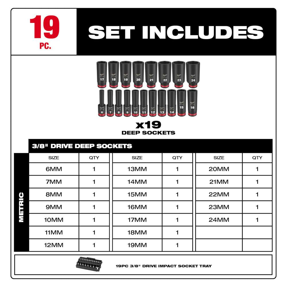 Ensemble De Douilles À Chocs MM 3/8" 19 Pièces