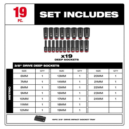 Ensemble De Douilles À Chocs MM 3/8" 19 Pièces