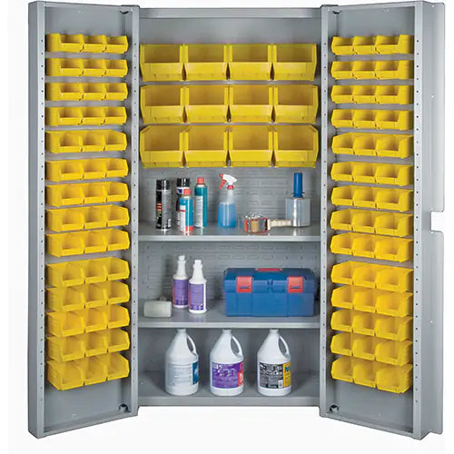 Deep Door Combination Bin Cabinets with yellow bins, 38" W x 24" D x 72" H, Grey