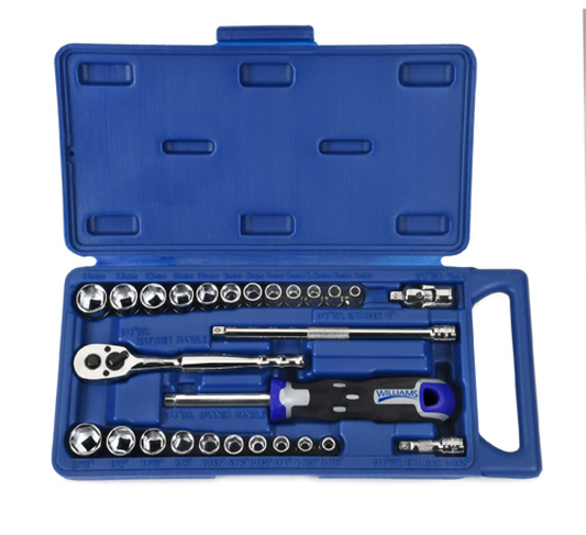 Jeu de 27 douilles et outils d'entraînement SAE et métriques à 6 pans à 6 entraînements dans un coffret compact