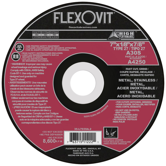 Flexovit 7" X 1/8" X 7/8" High Performance 30 Grit Aluminum Oxide Grain Reinforced Type 27 Depressed Center Combination Wheel