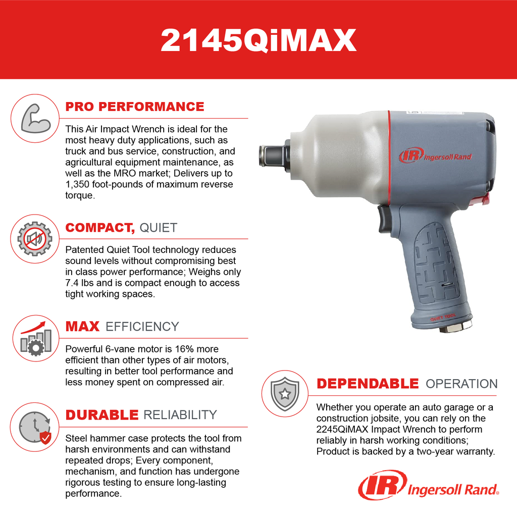 3/4" Drive Air Impact Wrench Quiet 1700 Ft-Lbs Nut-Busting Torque Pistol Grip