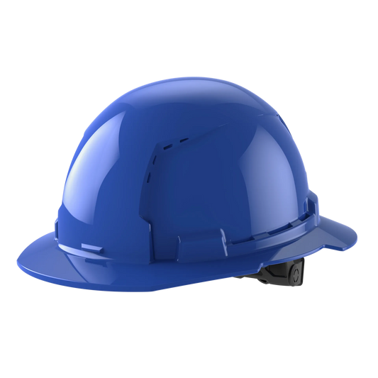 Bolt™ Full Brim Hard Hat White/6pt Ratcheting Suspension, Vented - Type 1, Class e, Blue