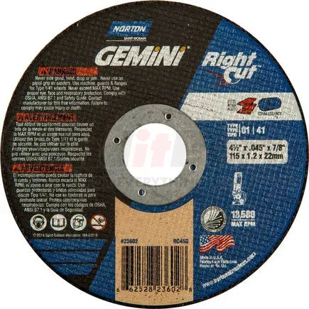 Gemini Cut-Off Wheel - 4-1/2 in Wheel Dia., 0.045 in Wheel Thickness, 7/8 in Center Hole Diameter, 13580 rpm