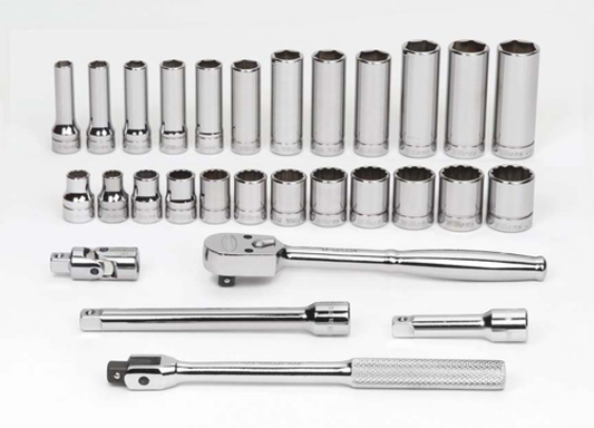 Ensemble de 29 douilles et outils d'entraînement peu profondes et profondes SAE et métriques à 6 et 12 pans, entraînement 3/8"