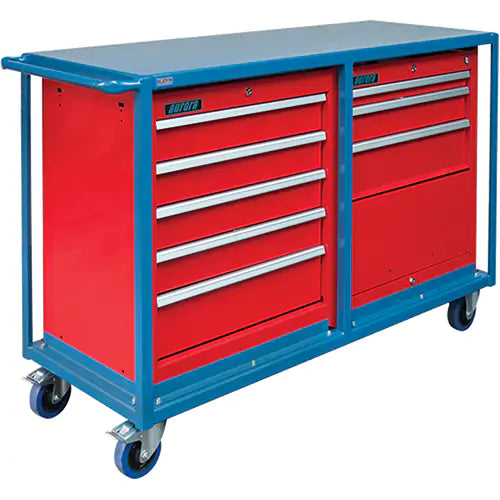 Mobile Tool Box, Red & Blue, Steel, 8 Drawers, 60" W x 22" D x 37" H