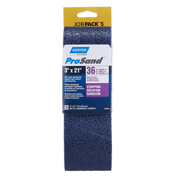 Bande abrasive de finition, de meulage, de polissage et de ponçage Norton - Grain 36, matériau en alumine de zircone, matériau de support en tissu, 21 po X 3 po, 5/pk