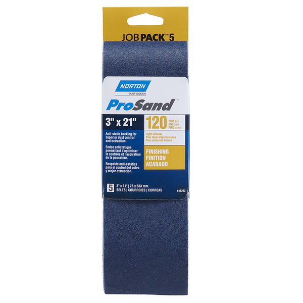 Bande abrasive de finition, de meulage, de polissage et de ponçage Norton - Grain 120, matériau en alumine de zircone, matériau de support en tissu, 21 po X 3 po, 5/pk