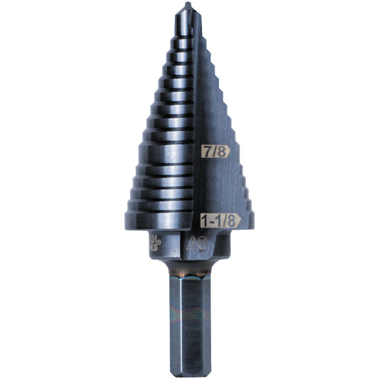 Klein Step Drill Bit, Steel, 3/8" Hex, 7/8"-1-1/8"