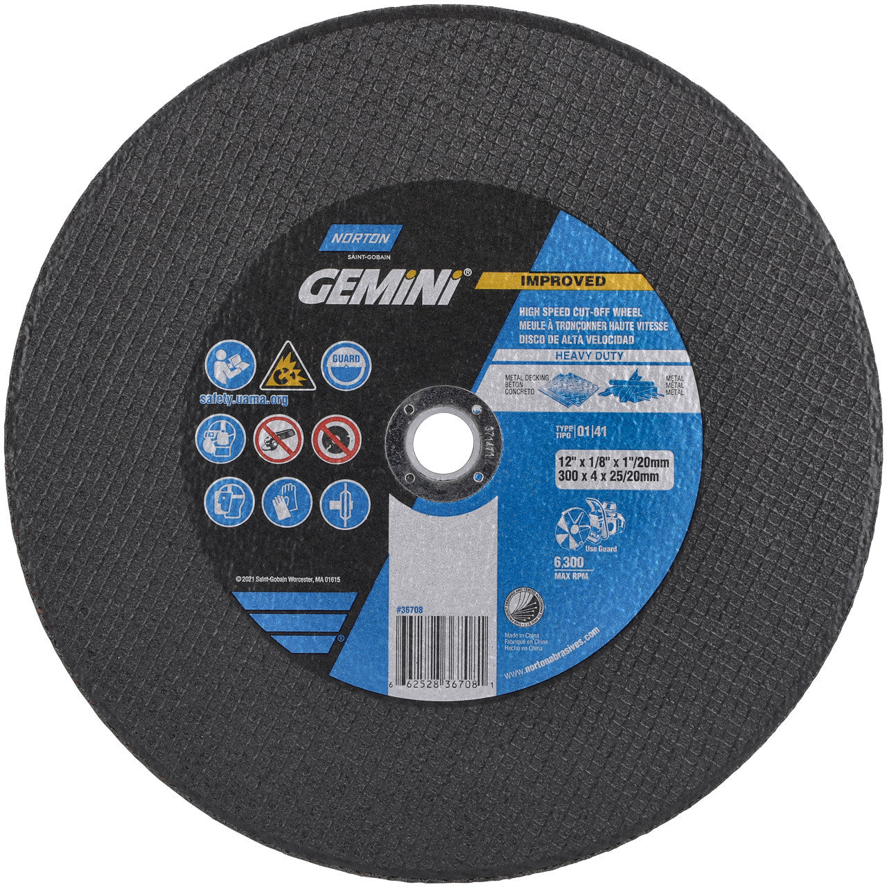Disque à tronçonner pour métal à grande vitesse, 12" x 1/8", mandrin 1", type 1, oxyde d'aluminium, 6 300 tr/min