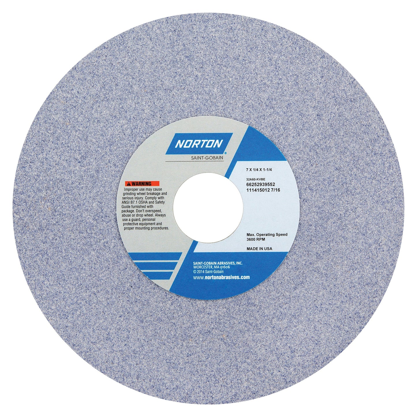 Straight Toolroom Wheel, 7 in Dia x 3/4 in THK, 1-1/4 in Center Hole, 60 Grit, Aluminum Oxide Abrasive