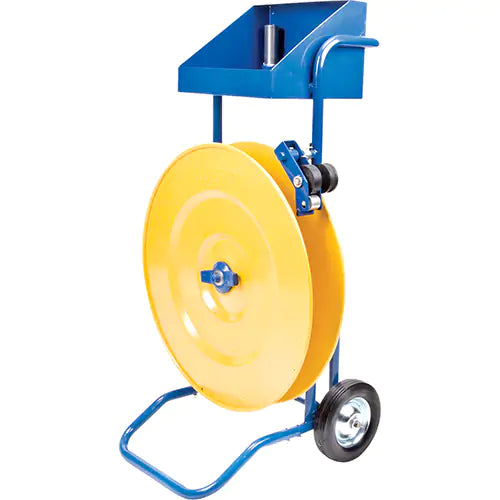 Distributeur de feuillards, jaune et bleu clair, feuillards en polyester/acier/polypropylène, diamètre du noyau 16"/8", largeur du rouleau 3"/8"/6"
