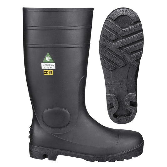 Bottes en PVC avec embout en acier et plaque, noires, SZ : 5